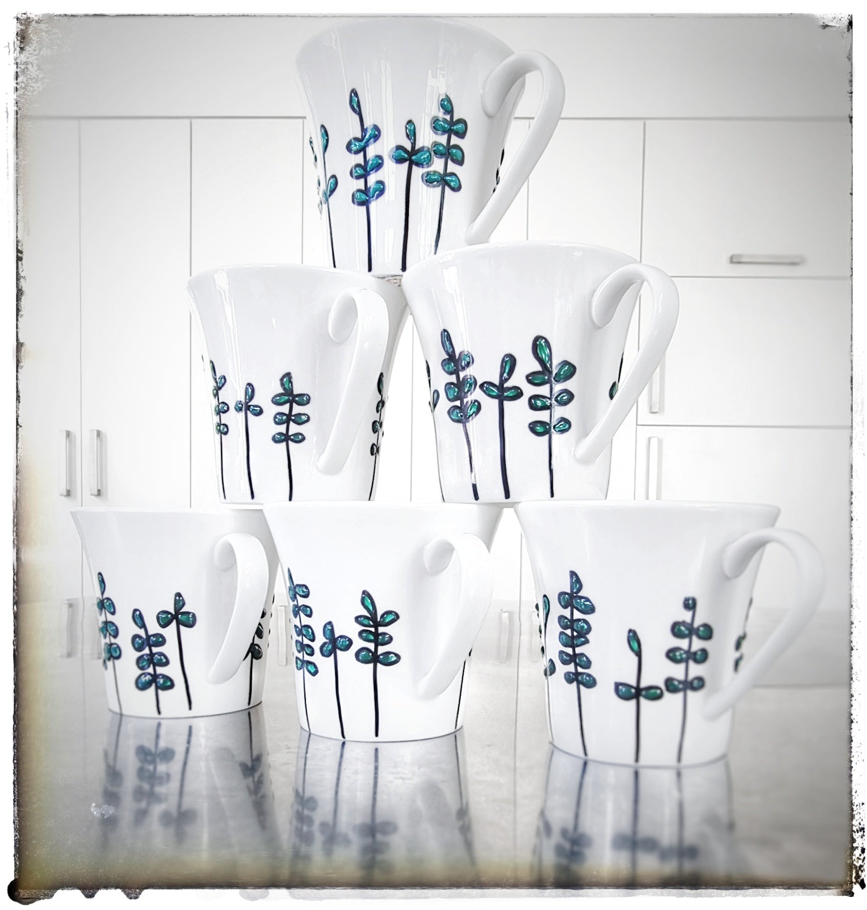 Bone China Mugs (Sets of 2 or 4), Black & Green
