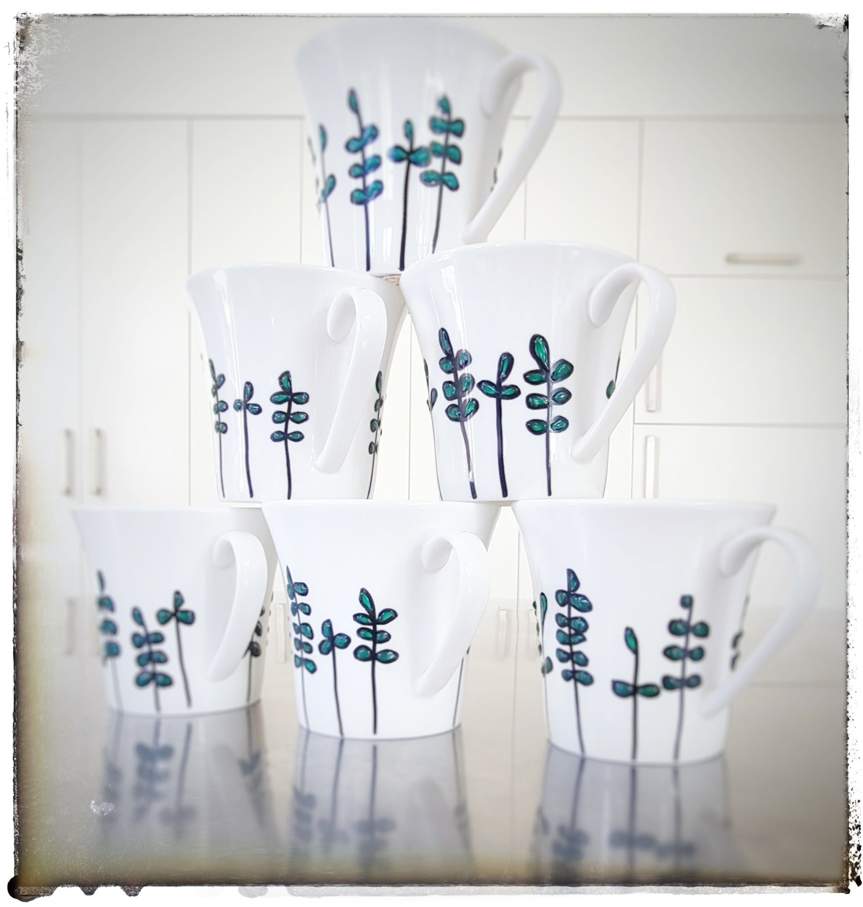 Bone China Mugs (Sets of 2 or 4), Black & Green