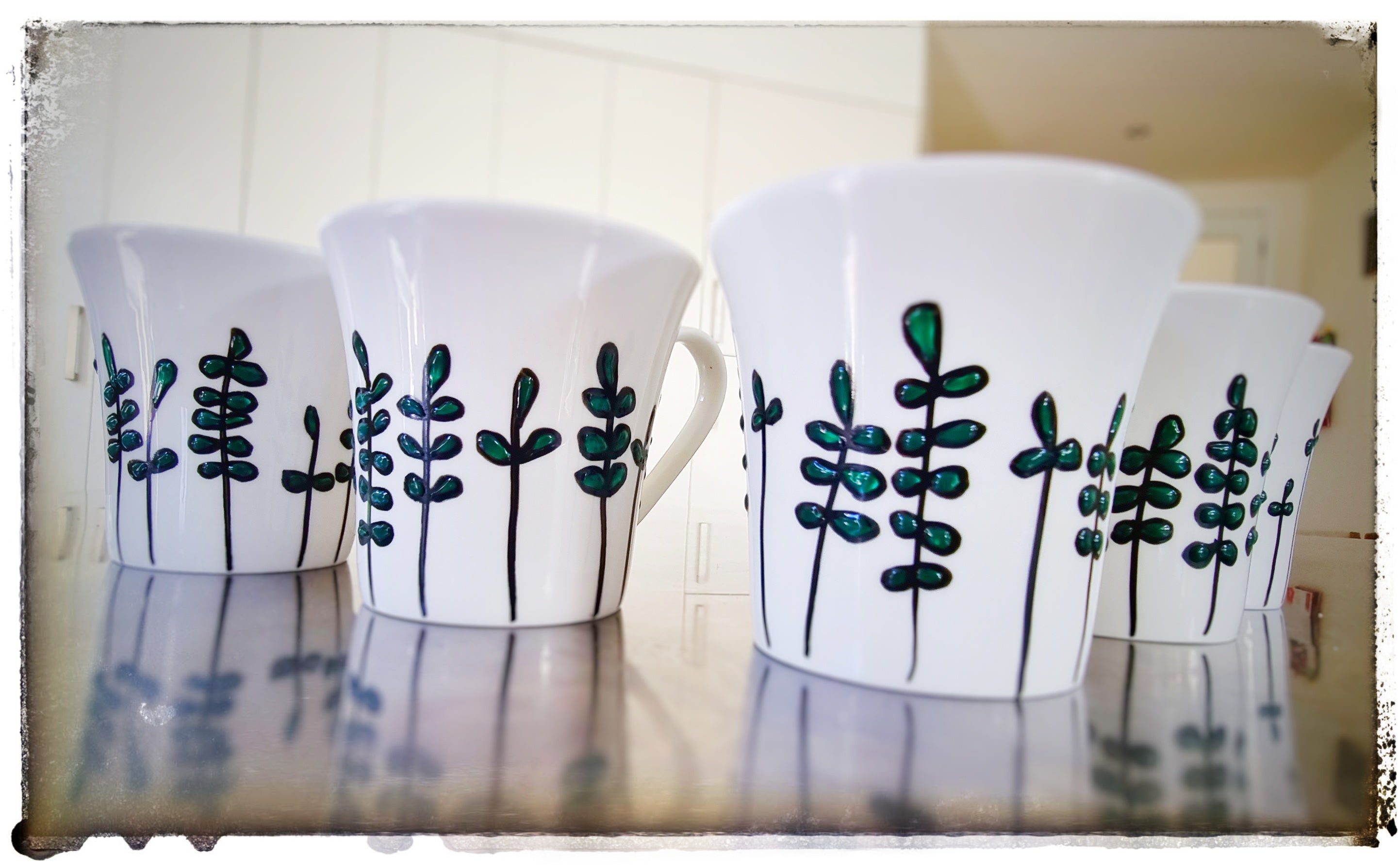 Bone China Mugs (Sets of 2 or 4), Black & Green